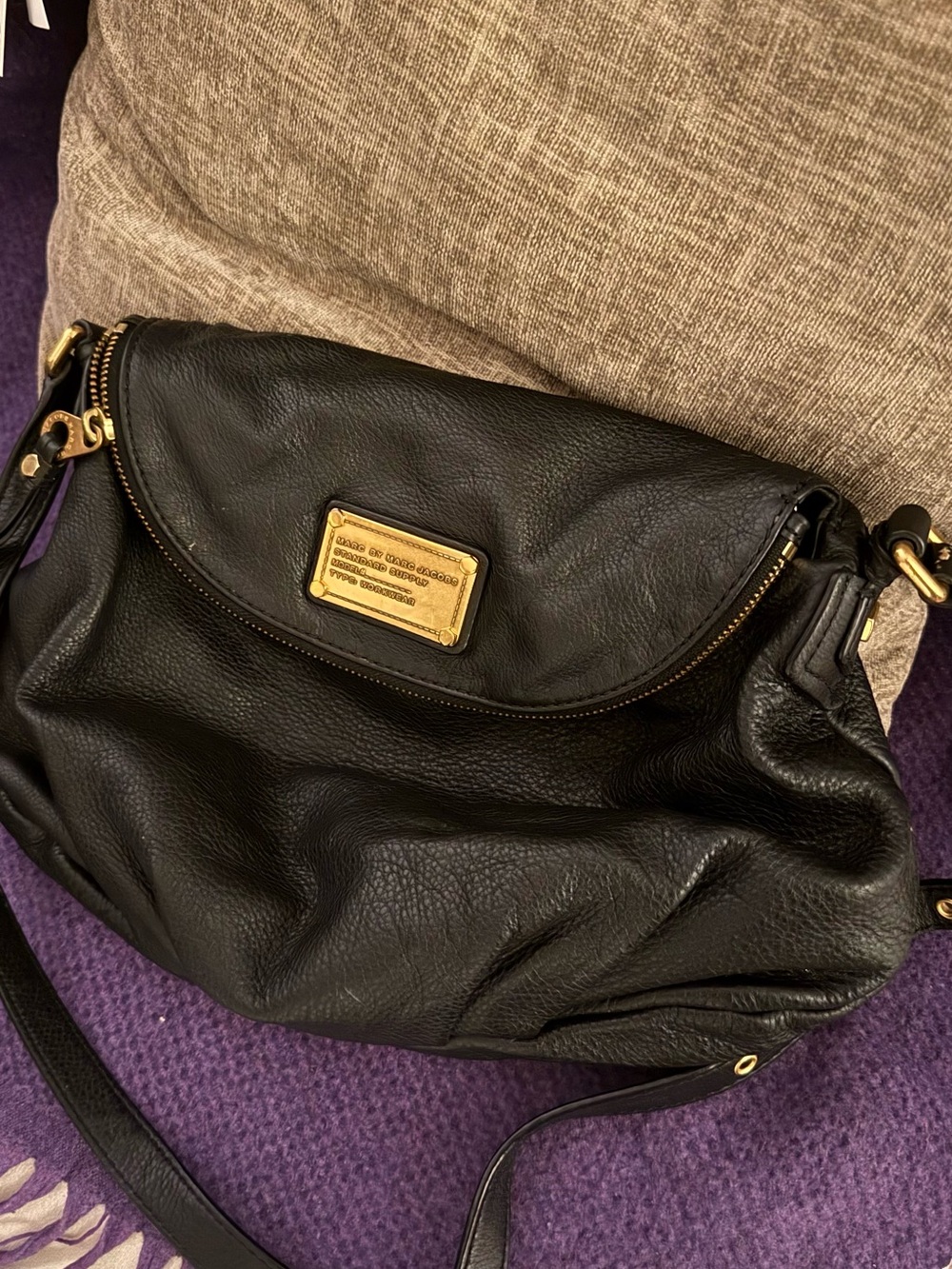 Marc by Marc Jacobs Black Leather Pebbled Crossbody with Gold Plaque